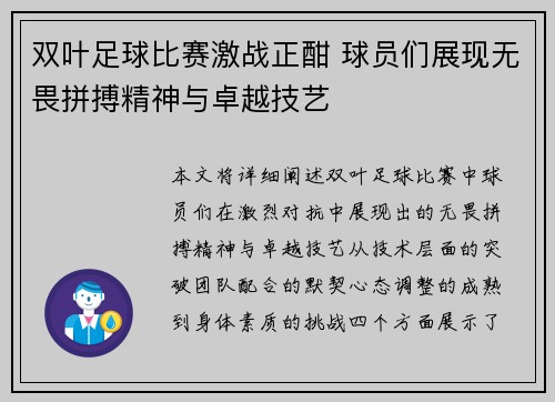 双叶足球比赛激战正酣 球员们展现无畏拼搏精神与卓越技艺