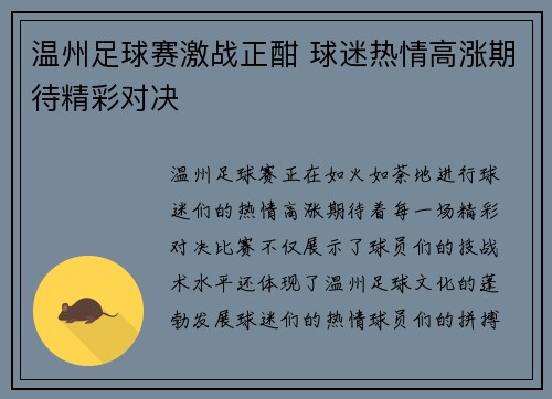 温州足球赛激战正酣 球迷热情高涨期待精彩对决