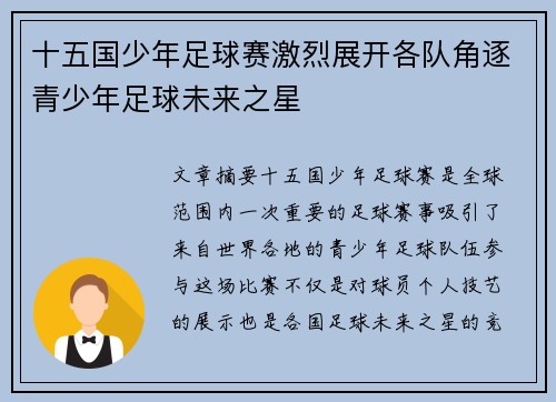 十五国少年足球赛激烈展开各队角逐青少年足球未来之星