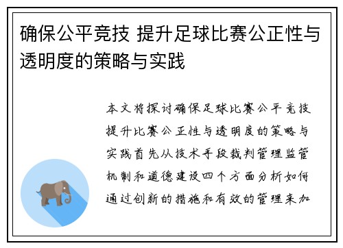 确保公平竞技 提升足球比赛公正性与透明度的策略与实践