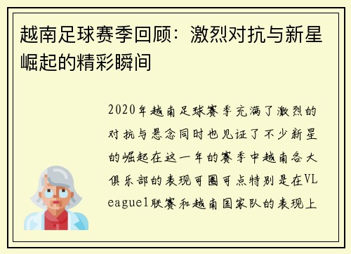 越南足球赛季回顾：激烈对抗与新星崛起的精彩瞬间