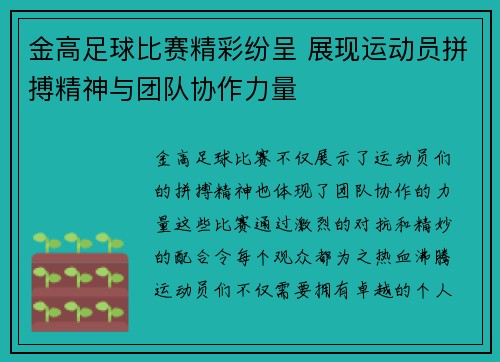 金高足球比赛精彩纷呈 展现运动员拼搏精神与团队协作力量