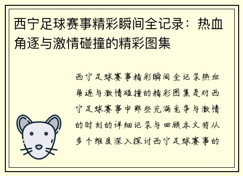 西宁足球赛事精彩瞬间全记录：热血角逐与激情碰撞的精彩图集