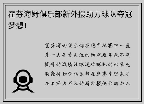 霍芬海姆俱乐部新外援助力球队夺冠梦想！