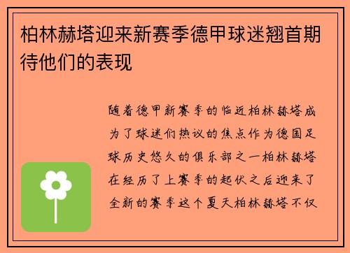 柏林赫塔迎来新赛季德甲球迷翘首期待他们的表现