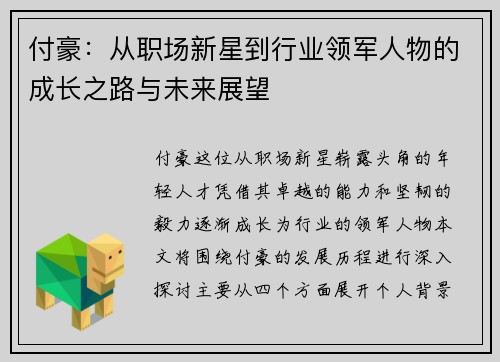 付豪：从职场新星到行业领军人物的成长之路与未来展望