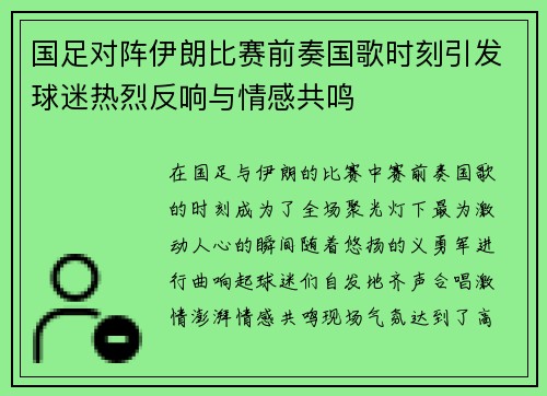 国足对阵伊朗比赛前奏国歌时刻引发球迷热烈反响与情感共鸣