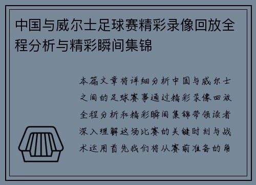 中国与威尔士足球赛精彩录像回放全程分析与精彩瞬间集锦