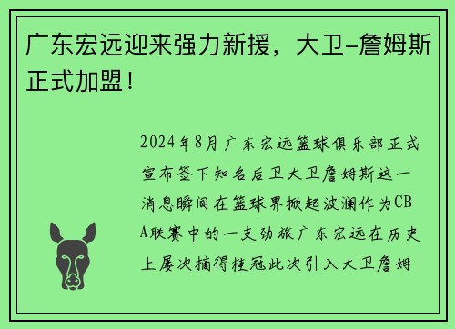 广东宏远迎来强力新援，大卫-詹姆斯正式加盟！
