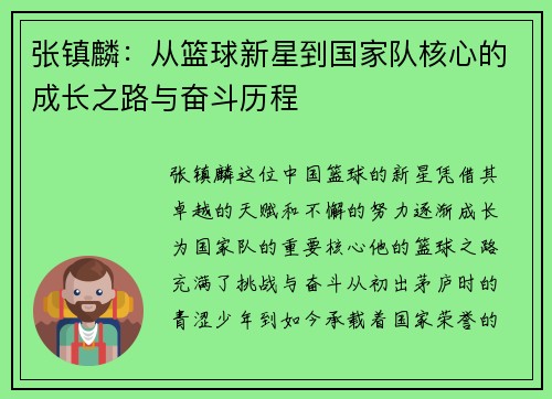 张镇麟：从篮球新星到国家队核心的成长之路与奋斗历程