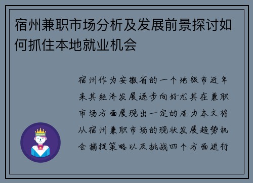 宿州兼职市场分析及发展前景探讨如何抓住本地就业机会