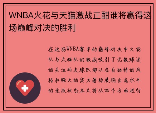 WNBA火花与天猫激战正酣谁将赢得这场巅峰对决的胜利