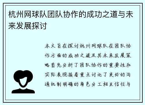 杭州网球队团队协作的成功之道与未来发展探讨