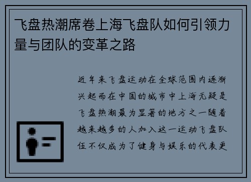 飞盘热潮席卷上海飞盘队如何引领力量与团队的变革之路