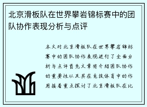 北京滑板队在世界攀岩锦标赛中的团队协作表现分析与点评
